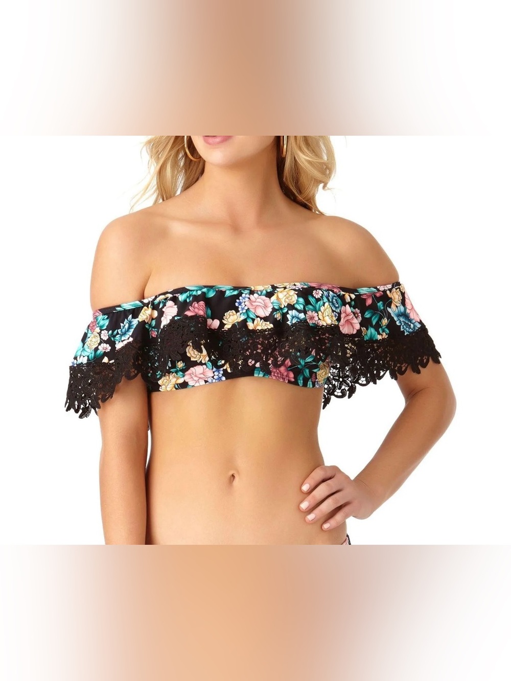 Time and Tru Lace Detail Bikini Off The Shoulder Top Floral Blue Black Size XL